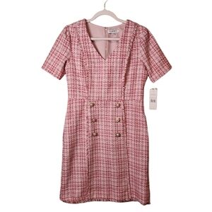 NWT NANETTE LEPORE PINK BOUCLE DRESS PEARL GOLD TONE BUTTONS FRINGE DETAIL SZ 10